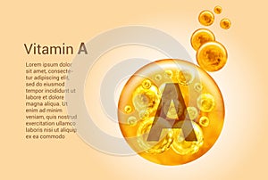 Vitamin A. Baner with vector images of golden balls with oxygen bubbles. Health concept
