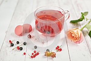 Vitamin Berry Tea. Illness concept: Cup of tea with berries currant .Drink with vitamin c. Spring and summer card. Healthy Diet.