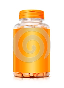 Vitamin bottle with orange cap and blank label