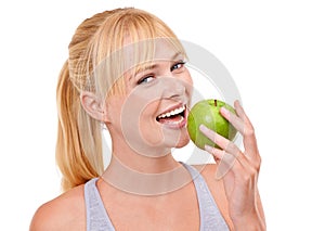 Vitamin c, apple and portrait of woman in studio for wellness, nutrition and health benefits. Female person, face and