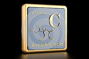 Vitamin C, ascorbic acid. Icon, chemical formula, molecular structure. 3D rendering