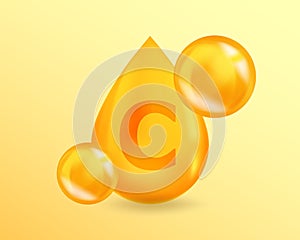 Vitamin C Ascorbic acid. Realistic Vitamin drop C Ascorbic acid design. 3D Vitamin complex illustration concept.