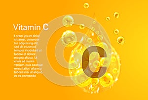Vitamin C. Baner with vector images of golden drops with oxygen bubbles. Health concept