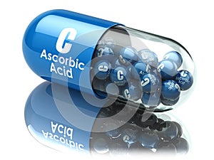 Vitamin C capsule or pill. Ascorbic acid. Dietary supplements.