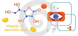 Vitamin C with Chemical formula.Ascorbic acid.Anti aging complex pills.Eye illustration.Lemons and oranges are a natural nutrient.