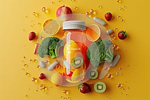 Vitamin C concept with fruits, vegetables, and pills on yellow.