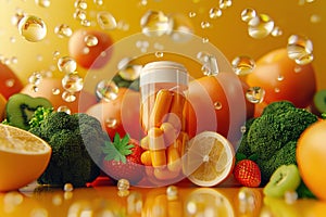 Vitamin C concept with fruits, vegetables, and pills on yellow.