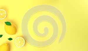 Vitamin C concept  lemon fruit citrus.  Fresh lemons and green leaves on bright yellow backgroundflat lay top view space.