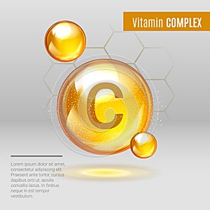 Vitamin C gold shining pill capsule icon . Vitamin complex with Chemical formula, Ascorbic acid. Shining golden