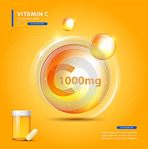 Vitamin C gold shining pill with Chemical formula, Ascorbic acid. vector design