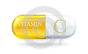 Vitamin C icon. Ascorbic acid C vitamin complex. Drop pill capsule. Vector 3d illustration