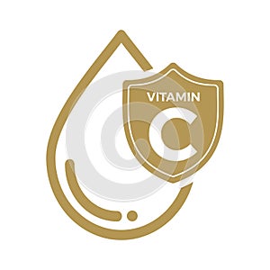 Vitamin C icon Logo Golden Drop Shield Protection, Medical background heath Vector illustration