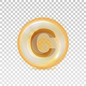 Vitamin C icon. Yellow orb pill isolated on transparent background. Big shape glass circle. Realistic oil 3d bubble. Round sphere