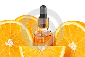 Vitamin C in liquid serum with citrus fruits. skin care product