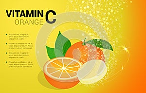 Vitamin C Orange soluble pills with orange flavour in water with sparkling fizzy bubbles trail. Ascorbic acid