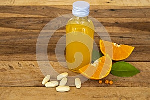 Vitamin c pills dietary supplement with orange vitamin c water for health care