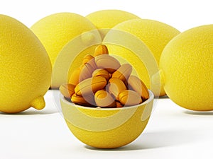 Vitamin C pills inside half lemon isolated on white background. 3D illustration