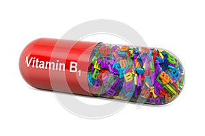 Vitamin capsule B1, thiamine. 3D rendering