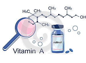 Vitamin A with Chemical formula. Retinol, beta carotene. Anti aging complex pills.