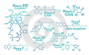 Vitamin Complex B1, B6, B9, B12, K, A, E, C Label and Icon. Chem