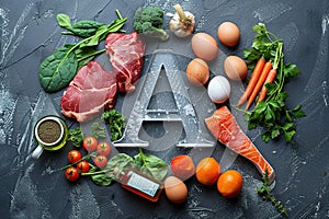 Vitamin A concept with a variety of food sources.