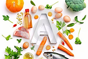 Vitamin A concept with a variety of food sources.