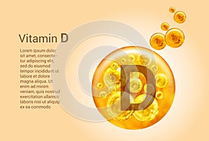 Vitamin D. Baner with vector images of golden balls with oxygen bubbles. Health concept