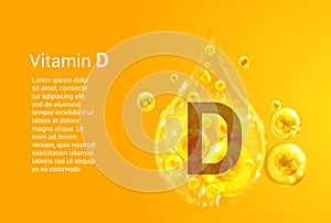 Vitamin D. Baner with vector images of golden drops with oxygen bubbles. Health concept