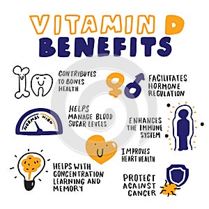 Vitamin D benefits. Hand drawn infographic. Sketch style. Vector.