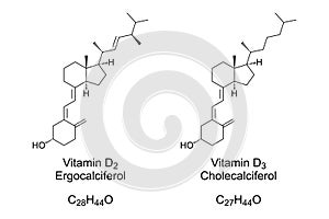 Vitamin D2 and Vitamin D3, chemical structure and skeletal formula