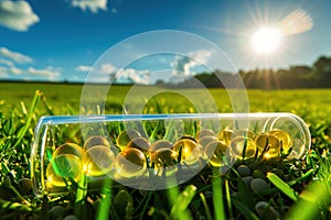 Vitamin D concept with capsules over a sunny landscape