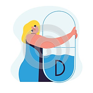 Vitamin D deficiency concept. Girl hugs a vitamin. Vector illustration