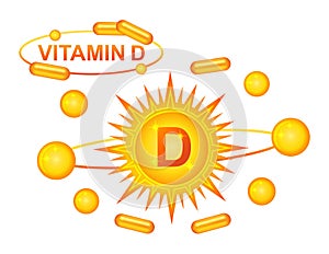 Vitamin D diet food supplement, sun light with medicine pill capsule. Medical cholecalciferol tablet, chemical pharmacy. Vector