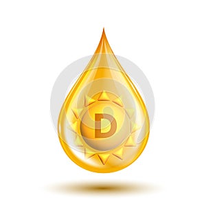 Vitamin D gold icon. Shiny golden essence drop with symbol of sun inside.