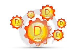 Vitamin D group. Sun icon natural organic products with the maximum content of vitamin D, D1, D2, D3, D4, D5 yellow capsule