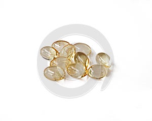 Vitamin D. Omega 3 Supplement. Fish oil capsules isolated on white background. Pharmaceuticals pills medicine and healthcare.