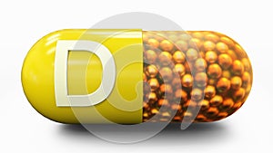 Vitamin D pilule, medicine and healthcare 3d illustration. Orange, yellow pill