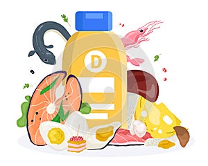 Vitamin d in products concept, vector illustration. Nutrition with organic healthy food, fresh element for diet. Fish