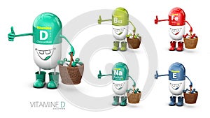 Vitamin D shining pill cartoon capsule with set of vitamine. 3d illustration