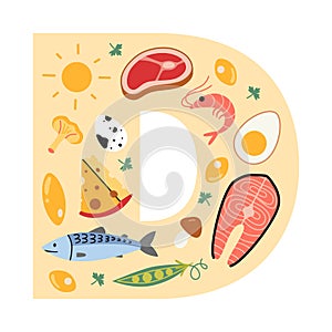 Vitamin D sources food in D letter shape. Sea food, fish, meat, dairy products, eggs and vegetabless. Isolated cartoon