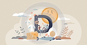 Vitamin D sources with food supplements and sun light tiny person concept