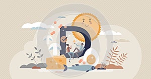 Vitamin D sources with food supplements and sun light tiny person concept photo