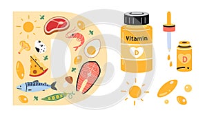 Vitamin D sources set with food rich in it, tablets, capsules and drops. Sea food, fish, meat, dairy products, eggs
