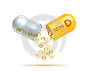 Vitamin D supplement for health. Capsule with yellow granules, healthy diet symbol.