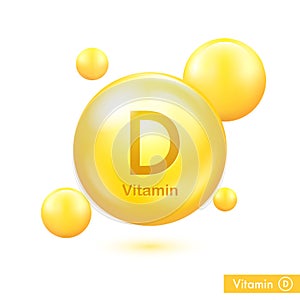 Vitamin d yellow capsule. Vector golden bubble. Vitamin complex for beauty treatment nutrition skin care. Medical and scientific