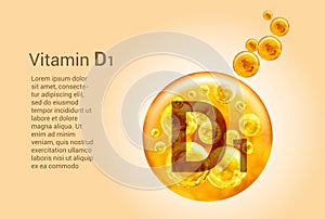 Vitamin D1. Baner with vector images of golden balls with oxygen bubbles. Health concept