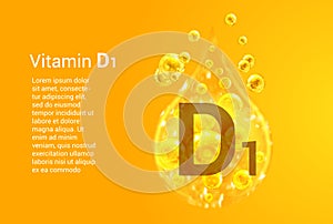 Vitamin D1. Baner with vector images of golden drops with oxygen bubbles. Health concept