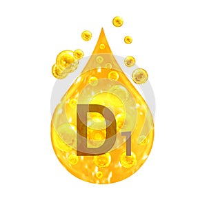 Vitamin D1. Images golden drop and balls with oxygen bubbles. Health concept. Isolated on white background