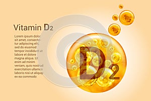 Vitamin D2. Baner with vector images of golden balls with oxygen bubbles. Health concept