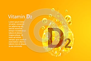 Vitamin D2. Baner with vector images of golden drops with oxygen bubbles. Health concept